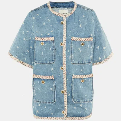 Pre-owned Sandro Blue Distressed Denim Braid Trim Jacket Xl