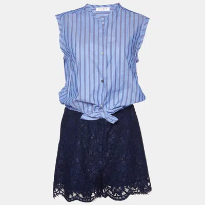 Pre-owned Sandro Blue Floral Lace And Pinstripe Cotton Playsuit M