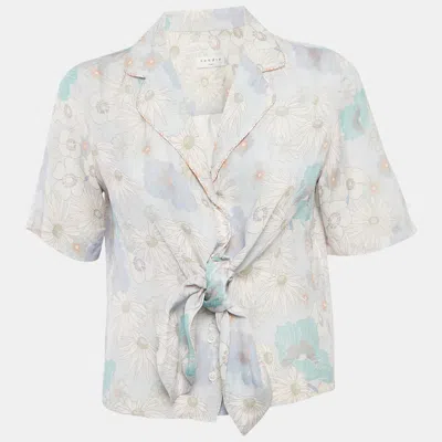 Pre-owned Sandro Blue Floral Print Crepe Tie-up Shirt S