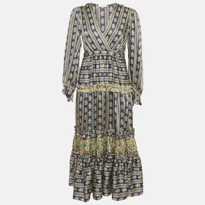 Sandro Blue Floral Print Satin Valentina V Neck Midi Dress In Black