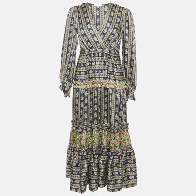Pre-owned Sandro Blue Floral Print Satin Valentina V Neck Midi Dress S