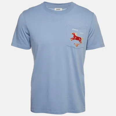 Pre-owned Sandro Blue Horse Embroidered Jersey Pocket T-shirt S
