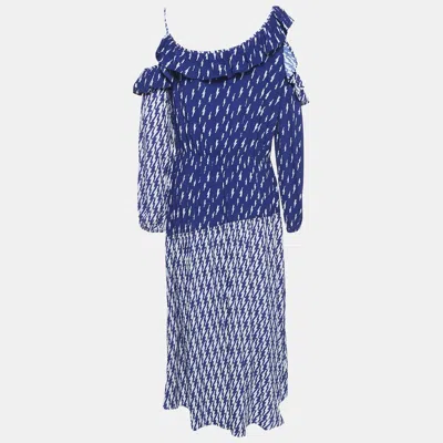 Pre-owned Sandro Blue Lighting Print Crepe Ruffled Cold Shoulder Midi Dress L