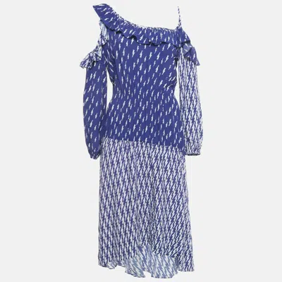 Sandro Blue Lightning Bolt Print Crepe Cold Shoulder Midi Dress
