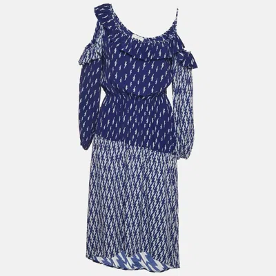 Sandro Blue Lightning Bolt Print Crepe Cold-shoulder Midi Dress