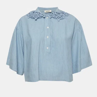 Pre-owned Sandro Blue Linen Blend Peter Pan Collar Shirt S