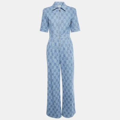 Pre-owned Sandro Blue Monogram Print Denim Jumpsuit S