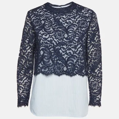 Pre-owned Sandro Blue Pinstripe Cotton And Lace Overlay Long Sleeve Blouse M