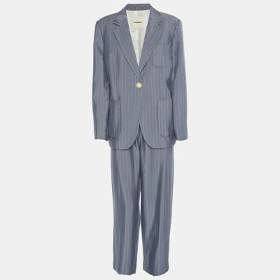Pre-owned Sandro Blue Pinstripe Satin Blazer And Pants Set S/m
