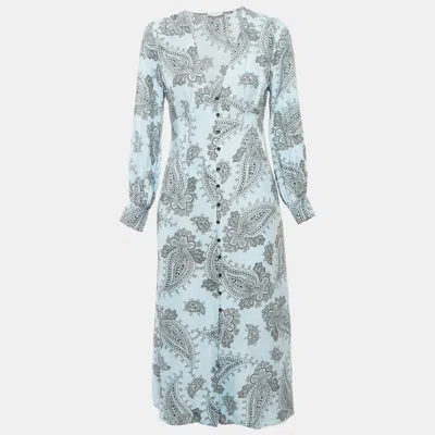 Pre-owned Sandro Blue Printed Sateen V-neck Midi Dress M