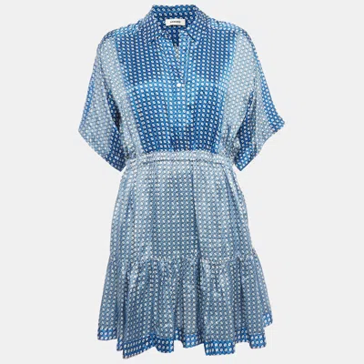 Pre-owned Sandro Blue Printed Satin Flounce Mini Dress M