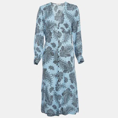 Sandro Blue Printed Silk Blend Button Front Dress
