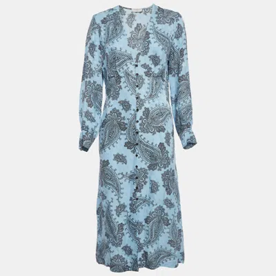Pre-owned Sandro Blue Printed Silk Blend Button Front Dress M