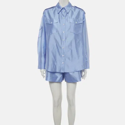 Pre-owned Sandro Blue Satin Button Up Shirt And Shorts Set L