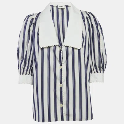 Pre-owned Sandro Blue Stripe Cotton Oversize Collar Chiara Shirt L