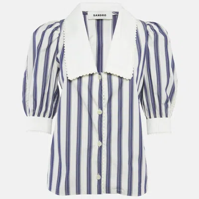Pre-owned Sandro Blue Stripe Cotton Oversize Collar Detail Button Front Blouse Xs