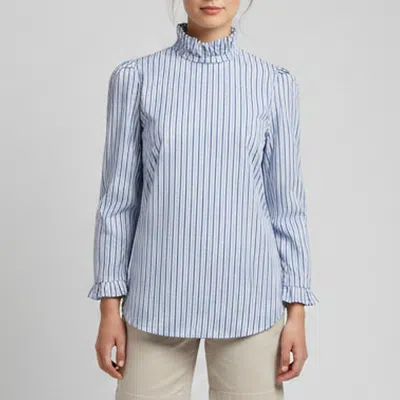 Pre-owned Sandro Blue Stripe Long Sleeve Ruffle Top Xs
