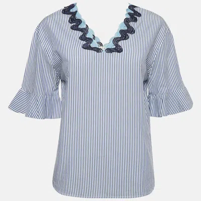Sandro Blue Striped Cotton Neck Detail Blouse