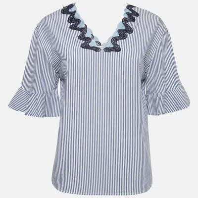 Pre-owned Sandro Blue Striped Cotton Neck Detail Blouse S
