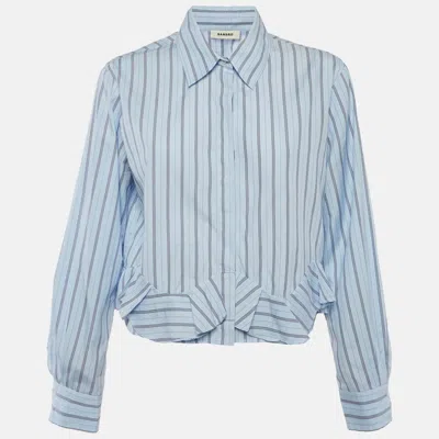 Pre-owned Sandro Blue Striped Cotton Poplin Curved Ruffled Hem Top M