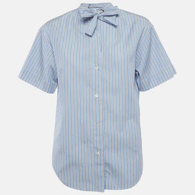 Sandro Blue Striped Cotton Poplin Jacob Neck Tie Shirt