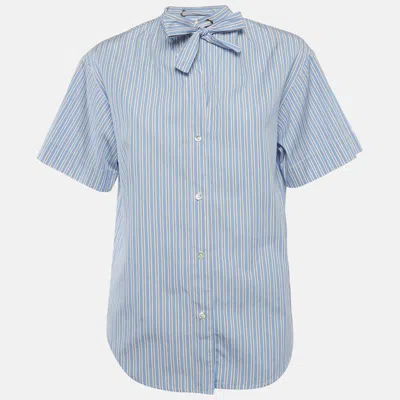 Pre-owned Sandro Blue Striped Cotton Poplin Jacob Neck Tie Shirt S