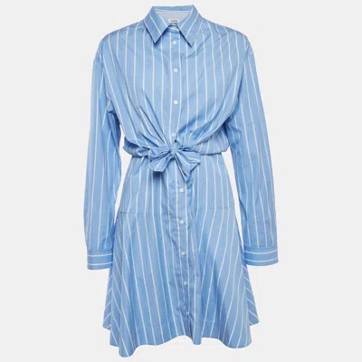 Pre-owned Sandro Blue Striped Cotton Poplin Tie Detail Mini Shirt Dress L