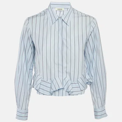 Pre-owned Sandro Blue Striped Cotton Ruffled Hem Cropped Shirt S