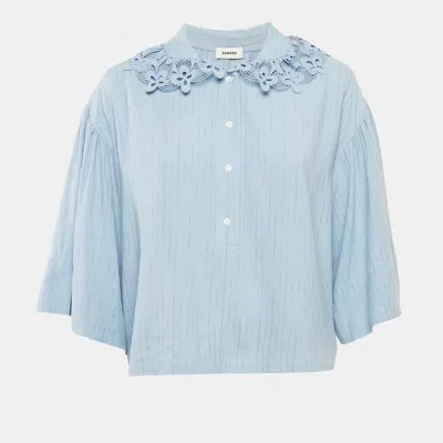 Pre-owned Sandro Blue Striped Linen Blend Lace Collar Tim Top L
