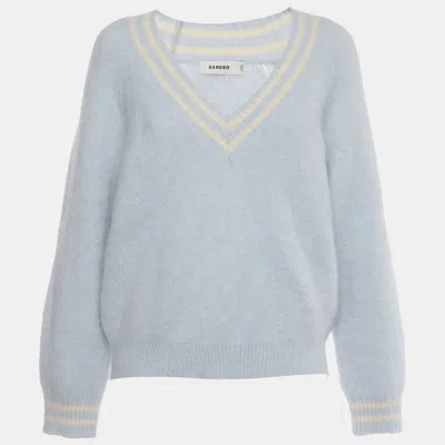 Pre-owned Sandro Blue Striped Mohair Blend Knit V-neck Cleo Sweater L