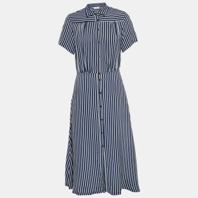 Pre-owned Sandro Blue Striped Print Cupro Shirt Dress M