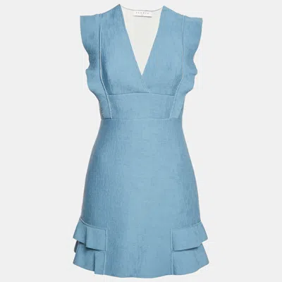 Pre-owned Sandro Blue Textured Pattern Ruffled Sleeveless Mini Dress M