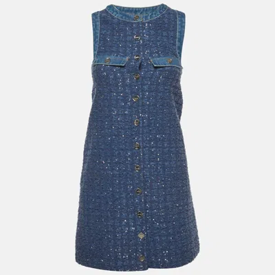 Pre-owned Sandro Blue Tweed Sequin Embellished Sleeveless Mini Dress Xs
