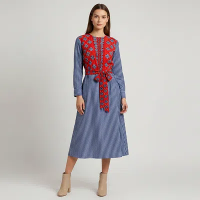 Pre-owned Sandro Blue/red Multicolor Printed Crepe Pin Stripe Cotton Midi Dress M