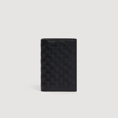 Sandro Braided Leather Card Holder In Black