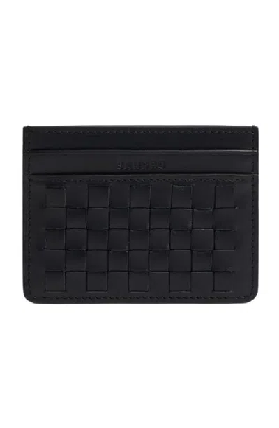 Sandro Braided Leather Card Holder In Black
