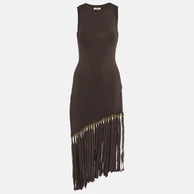 Pre-owned Sandro Brown Knit Fringed Beaded Hem Bodycon Dress S
