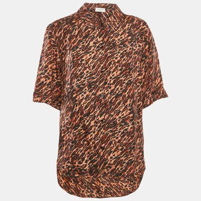 Sandro Brown Leopard Print Silk Short Sleeve Shirt
