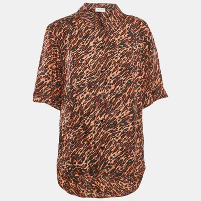 Pre-owned Sandro Brown Leopard Print Silk Short Sleeve Shirt L