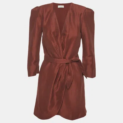 Pre-owned Sandro Brown Linen Blend Mini Wrap Dress S