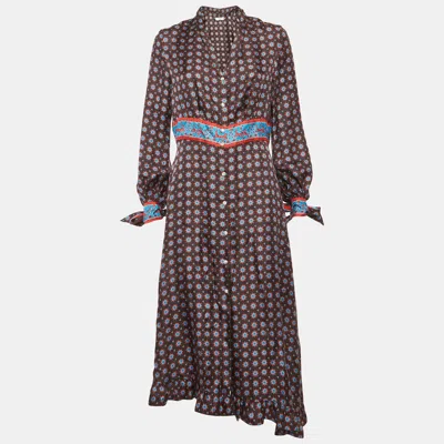 Pre-owned Sandro Brown Silk Mix Print Long Sleeve Cate Midi Dress L