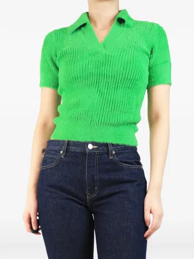Pre-owned Sandro Brushed-knit Polo-collar T-shirt In Green