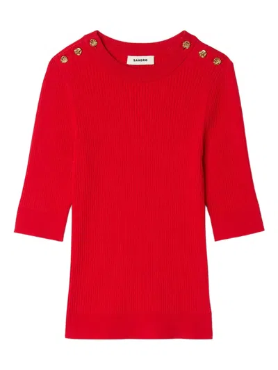 Sandro Button-embellished Ribbed T-shirt In Red