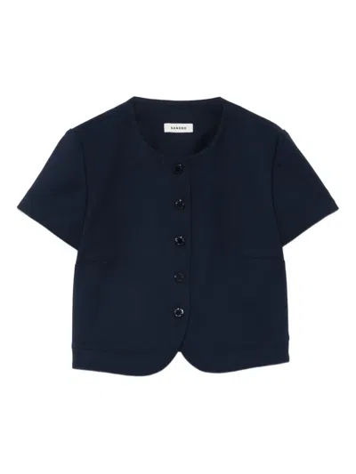 Sandro Womens Navy Blue Round-neck Button-down Stretch-woven Crop Top