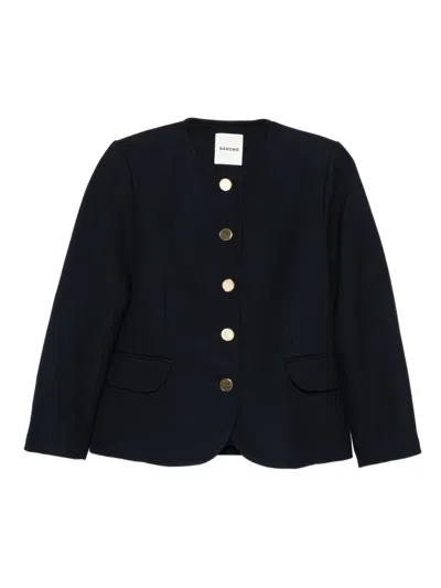Sandro Womens Navy Blue Round-neck Side-pocket Woven Jacket