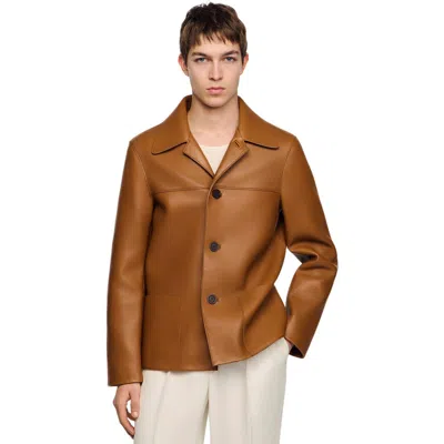 Sandro Buttoned Lambskin Jacket In Brown