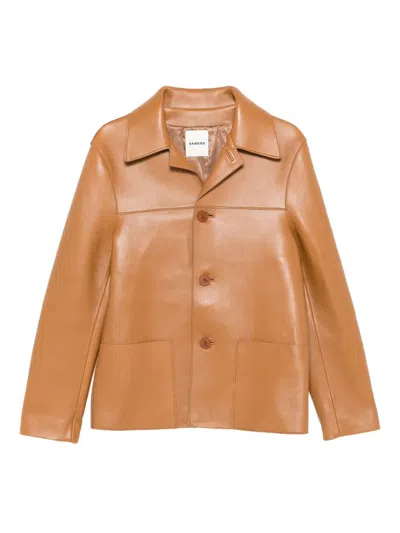 Sandro Philip Buttoned Lambskin Jacket In Brown