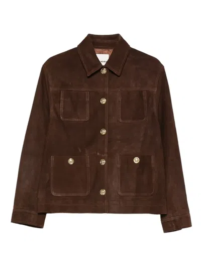 Sandro Buttoned Pocket Leather Jacket In Brown