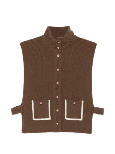 Sandro Buttoned Rib-knit Vest In Brown