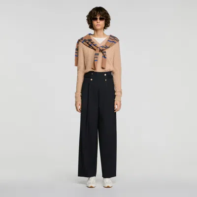 Sandro Buttoned Wide-leg Wool Trousers In Navy Blue